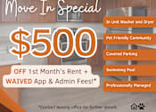 Thumbnail 1 of 11 - Camelback Gardens Apartments advertising a move-in special $500 OFF First Month's Rent + Waived App and Admin Fees