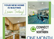 Thumbnail 1 of 13 - A promotional image for a leasing offer one month rent free at Connect on Northern, featuring a kitchen and gym area.