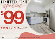 Thumbnail 1 of 14 - A promotional image for Escalata Apartments advertising a limited-time special for $99 total due at move-in.