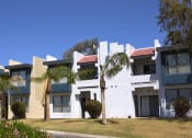 Thumbnail 20 of 21 - a row of white and blue apartment buildings with palm trees in front of them