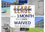 Thumbnail 1 of 19 - A promotional image for a lease-to-own program offering up to 1 month rent-free and waived application and administrative fees.