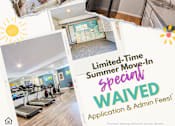 Thumbnail 1 of 27 - A collage of images showcasing a home with a gym, kitchen, and living room, with a promotion for a limited-time summer move-in special.