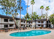 Thumbnail 20 of 26 - A swimming pool surrounded by palm trees and apartment buildings.