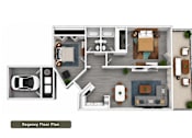 Thumbnail 21 of 51 - A top-down view of a regency floor plan showing a living room, kitchen, and two bedrooms.