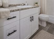 Thumbnail 5 of 18 - A bathroom with a toilet, sink, and mirror.