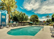 Thumbnail 7 of 15 - A large outdoor swimming pool surrounded by trees and a blue building at Sycamore Square Apartments, Mesa, AZ, 85202