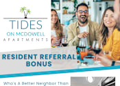Thumbnail 2 of 28 - A poster advertising a $500 rent credit for new residents at Tides on McDowell Apartments.