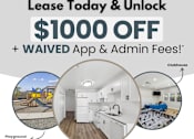 Thumbnail 1 of 15 - A promotional image for Town Square Courtyard Townhomes advertising a $1000 off plus waived app and admin fees