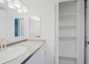 Thumbnail 21 of 32 - a bathroom with a sink and a mirror and a closet
