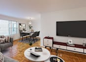 Thumbnail 1 of 19 - living area with sofa, coffee table, credenza, tv, hardwood floors and view of dining area at clarence house apartments in washington dc
