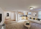 Thumbnail 11 of 15 - living area with large windows, sofa, coffee table, hardwood floors and view of kitchen at 1818 riggs apartments in washington dc