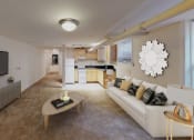 Thumbnail 13 of 15 - living area with large windows, sofa, coffee table, hardwood floors and view of kitchen at 1818 riggs apartments in washington dc