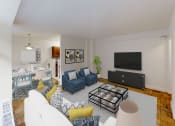 Thumbnail 5 of 40 - living area with sofa, coffee table, credenza, tv, and hardwood floors at 2800 woodley apartments in washington dc