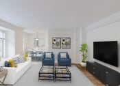 Thumbnail 6 of 40 - living area with sofa, coffee table, credenza, tv, and hardwood floors at 2800 woodley apartments in washington dc
