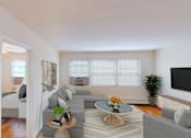 Thumbnail 4 of 16 - living area with sofa, coffee table, credenza, tv, large windows, view of bedroom hardwood floors at alpha house apartments in washington dc