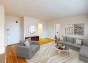 Thumbnail 5 of 16 - living area with sofa, coffee table, credenza, tv, large windows and hardwood floors at alpha house apartments in washington dc