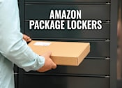 Thumbnail 21 of 21 - A person holding a package in front of a locker with the words "Amazon Package Lockers" on it.