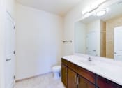 Thumbnail 11 of 21 - bathroom with vanity, toilet, tub and large mirror at archer park apartments in washington dc