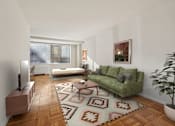 Thumbnail 6 of 37 - A living room with a green couch and a rug with a geometric pattern.