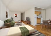 Thumbnail 7 of 37 - A living room with a couch, chair, and television.