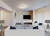 Thumbnail 1 of 7 - living area with sofa, coffee table, large glass doors, credenza and tv at citytowns apartments in washington dc