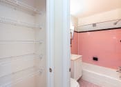 Thumbnail 17 of 19 - bathroom with tub, vanity, toilet and large linen closet at fort totten apartments in washington dc