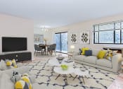Thumbnail 7 of 19 - living area with sofa, coffee table, tv, credenza large windows and view of dining area at fort totten apartments in washington dc