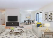 Thumbnail 8 of 19 - living area with sofa, coffee table, tv, credenza large windows and view of dining area at fort totten apartments in washington dc