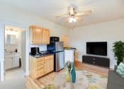 Thumbnail 4 of 25 - a living room with a kitchen and a ceiling fan