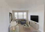 Thumbnail 7 of 16 - living area with sofa, coffee table, credenza, plush carpeting, and large windows at jetu apartments in washington dc