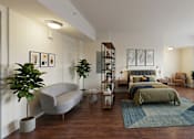 Thumbnail 16 of 21 - A modern bedroom with a large bed and a grey sofa.