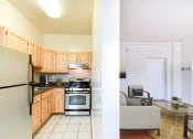 Thumbnail 7 of 28 - kitchen with stainless steel appliances, wood cabinetry and view of living area at norwood apartments in washington dc