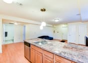 Thumbnail 3 of 20 - open kitchen with large kitchen island, hardwood floors, and view of living area at park vista apartments in washington dc