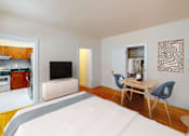 Thumbnail 5 of 21 - A modern bedroom with a large bed and a television.