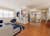 Thumbnail 4 of 15 - open layout of apartment showing living area, dining area, kitchen and breakfast bar at t street apartments in washington dc