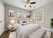 Thumbnail 10 of 29 - A bedroom with a bed, a ceiling fan at Balfour Marietta Apartments, Marietta