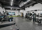 Thumbnail 7 of 47 - A gym with treadmills, weights, and exercise equipment.
