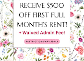 Thumbnail 27 of 27 - A promotional image offering $500 off the first full month's rent and waived admin fee.