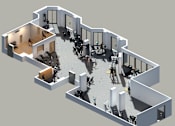 Thumbnail 22 of 22 - A 3D rendered image of a house interior with a kitchen, living room, and gym.