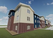 Thumbnail 49 of 115 - A row of modern townhouses with a mix of brick and siding exteriors.