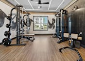 Thumbnail 25 of 124 - a gym with exercise equipment and a wall mural at Madison Prickett Preserve, Yardley