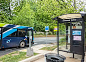 Thumbnail 15 of 18 - A blue and yellow bus is parked at the bus stop.