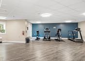 Thumbnail 42 of 75 - A gym with a variety of equipment including treadmills, exercise bikes, and weights.
