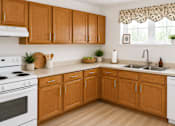 Thumbnail 19 of 19 - A kitchen with wooden cabinets and a white stove.