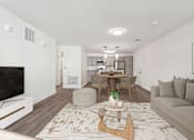 Thumbnail 5 of 22 - A modern living room with a grey couch, a coffee table, and a television.