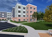 Thumbnail 17 of 25 - A rendering of a modern apartment complex with a parking lot in front.