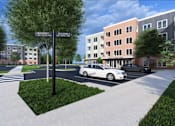 Thumbnail 15 of 25 - A street view of a residential area with a crosswalk and a car parked on the side of the road.