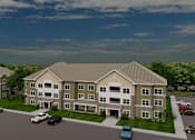 Thumbnail 3 of 4 - A rendering of a large apartment complex with a parking lot in front.
