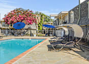 Thumbnail 5 of 10 - A pool surrounded by chairs and umbrellas with a building in the background.