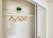 Thumbnail 12 of 15 - A white closet with a plant on top of a shelf and four hangers hanging on a rod.